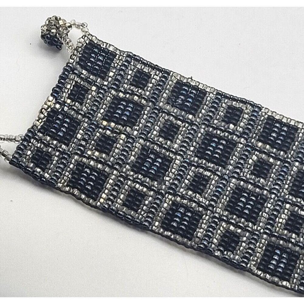 Hand Woven Geometric Seed Bead 2in Thick Bracelet 7.25in